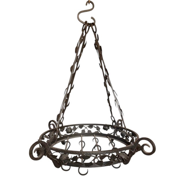 Black Vintage Wrought Iron Hanging Pot Rack With Hand Forged Roses and Vines For Sale - Image 8 of 8