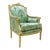 French Louis XV Bergère Wing Chair – Blue-Green Designer Damask With Gold Details For Sale