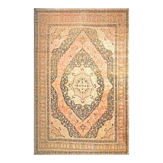 1930s Ivory Salmon Medallion Antique Persian Tabriz Rug 11'2" X17'4" Handknotted Wool Carpet For Sale