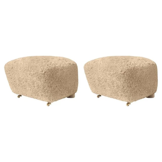 Beige Set of Honey Natural Oak Sheepskin the Tired Man Footstools by Lassen For Sale - Image 8 of 8