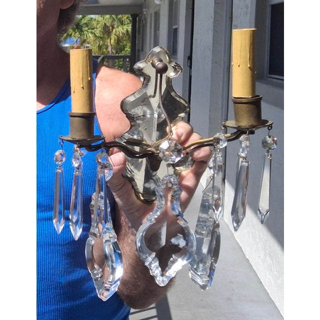French C1900 French Louis XV Bronze Mirror Back Thick Crystal Pendalogue Sconces Signed Ef Caldwell a - Pair For Sale - Image 3 of 18