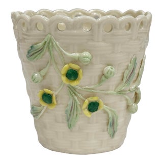Vintage Belleek Ireland Porcelain Floral Basketweave Motif Spill Vase For Sale