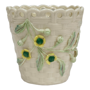 Vintage Belleek Ireland Porcelain Floral Basketweave Motif Spill Vase