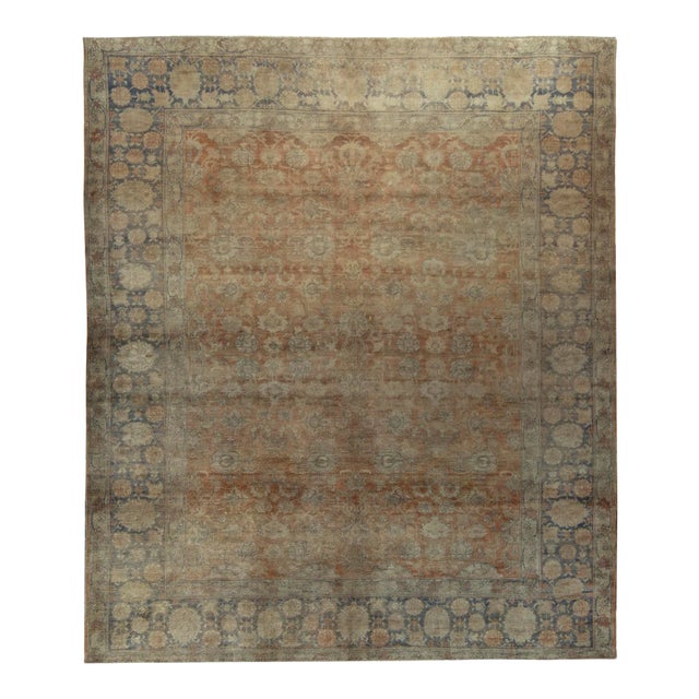 Hand-Knotted Antique Turkish Sivas Rug in Orange, Blue Border, Beige Florals For Sale