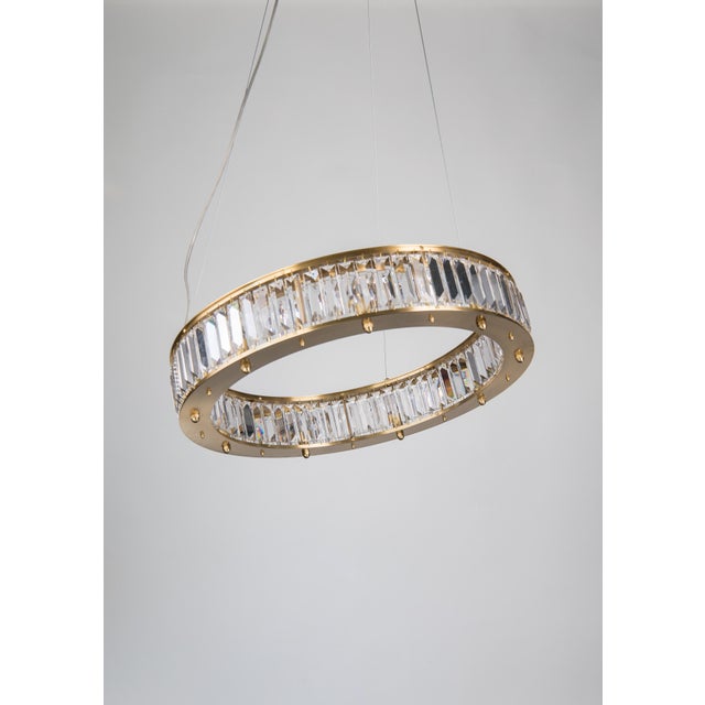 Satin Brass and Precision-Cut Austrian Crystal Chandelier by ZAVADSKI, in New conditions. Designed from 2000 European Plug...