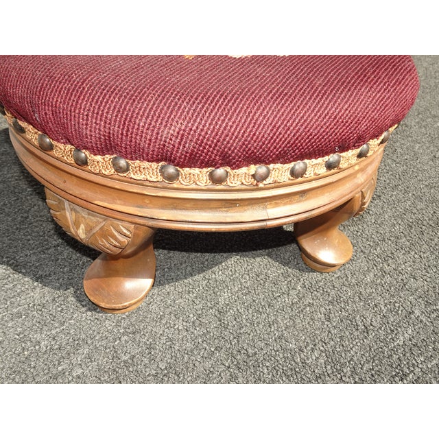 Footstool ~ Vintage French Country Burgundy Floral Round Needlepoint Footstool#2 For Sale - Image 10 of 14