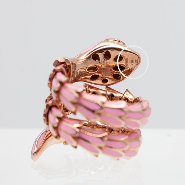 Alexis Ny Diamond Ruby Pink Enamel Serpent Wrap Ring in 18k and Sterling, Size 6 For Sale - Image 11 of 12