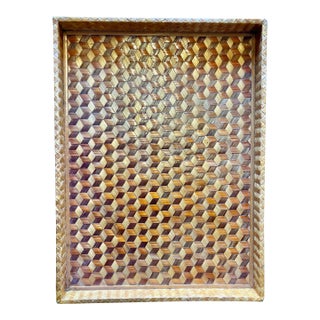 Vintage Bamboo Trompe -L-Oeil Cubist Pattern Serving Tray For Sale