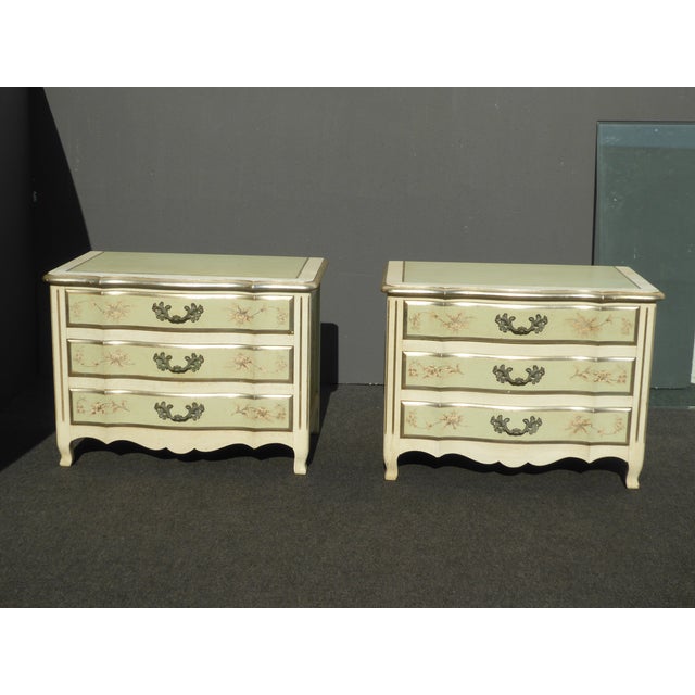 Pair Vintage French Country Ornately Painted White Nightstands by John