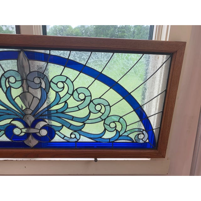 Gorgeous custom made leaded glass rectangular window with prismatic clear glass, blue glass and lightly frosted vintage...