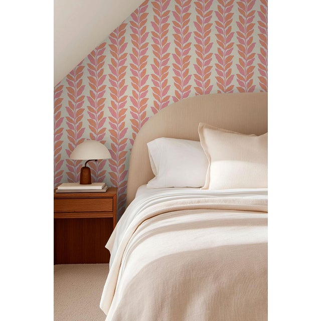 Traditional Garden Leaf Stripe Grasscloth Wallpaper by House Party | Blush Pink & Coral | 8 Yards For Sale - Image 3 of 7