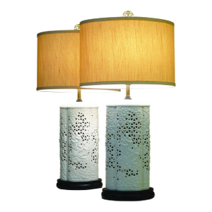 1960s Matched Pair Blanc De Chine Hollywood Regency Asian Modern Porcelain Seyei Fine China Wood Table Lamps W/ Linen Shades - a Pair