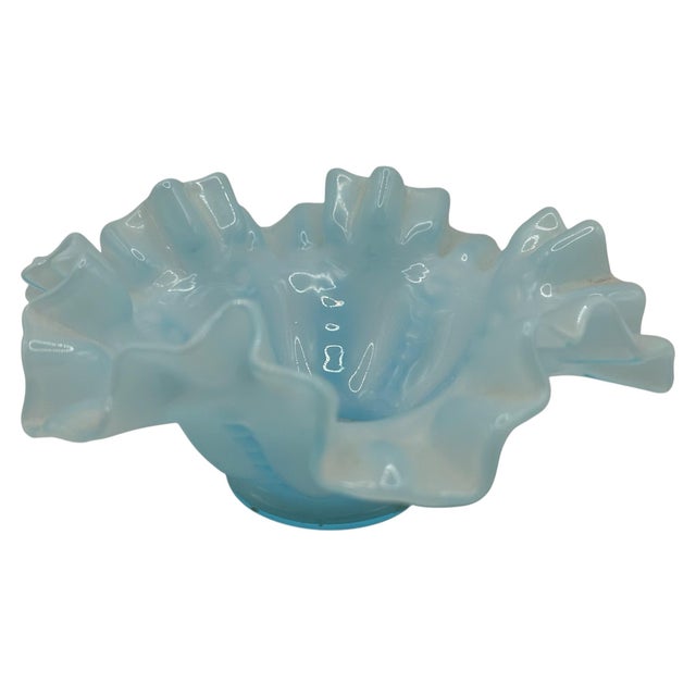 Fenton Art Glass Company Vintage Blue Opalescent Glass Ruffled Bowl by Fenton For Sale - Image 4 of 12