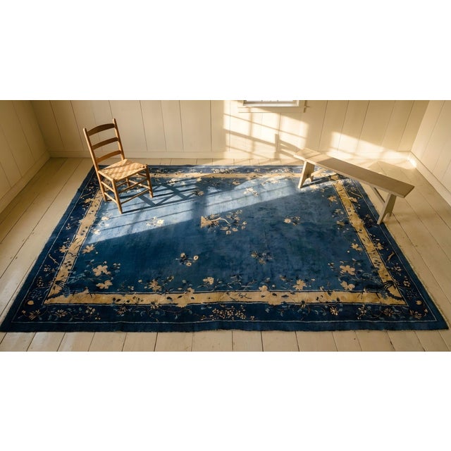 Classic Royal Blue Background Color With Splendid Floral Design Antique Chinese Peking Rug For Sale - Image 13 of 15