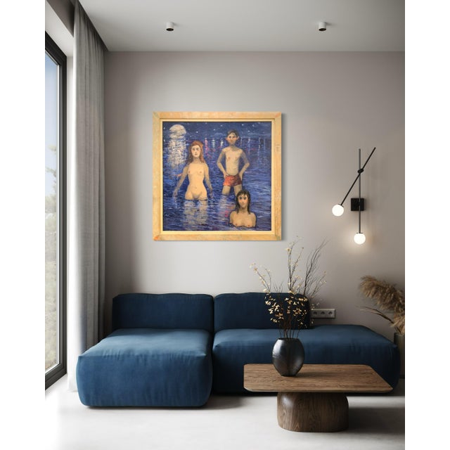 Blue Giampaolo Talani "The Bay With Full Moon" Oil on Board, Large Figurative Nocturne, Tuscan Coastal Art, Contemporary Art by Italian Master, 2000 For Sale - Image 8 of 12
