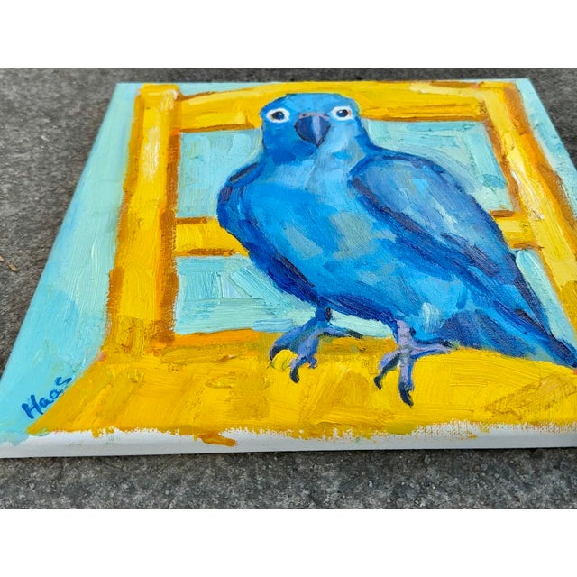 Blue Parrot on Yellow Chair Oil Painting Original Art For Sale - Image 4 of 7