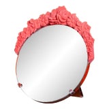 Vintage Italian Round Barbola Easel Mirror With Pink Floral Crest For Sale