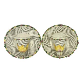 Italian Porcelain Wall Pocket Pair: Woven Basketweave Floral Sconces For Sale