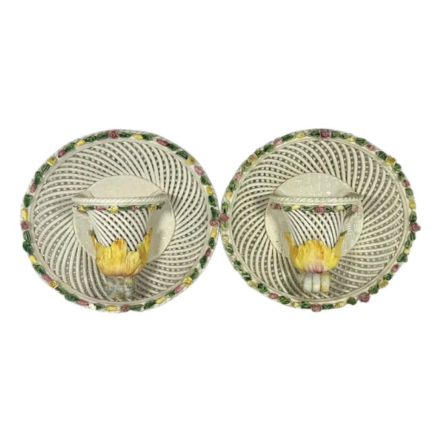 Italian Porcelain Wall Pocket Pair: Woven Basketweave Floral Sconces For Sale