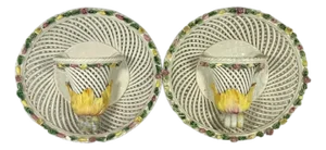 Italian Porcelain Wall Pocket Pair: Woven Basketweave Floral Sconces