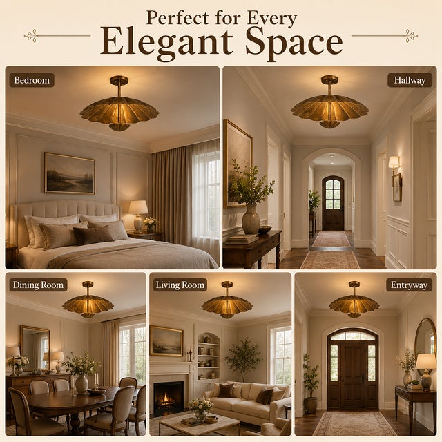 Vintage Brass Floral Ceiling Light, Handmade Lotus Petal Semi Flush Mount Fixture, Antique Brass Scalloped Ceiling Lamp for Bedroom Hallway For Sale - Image 14 of 15