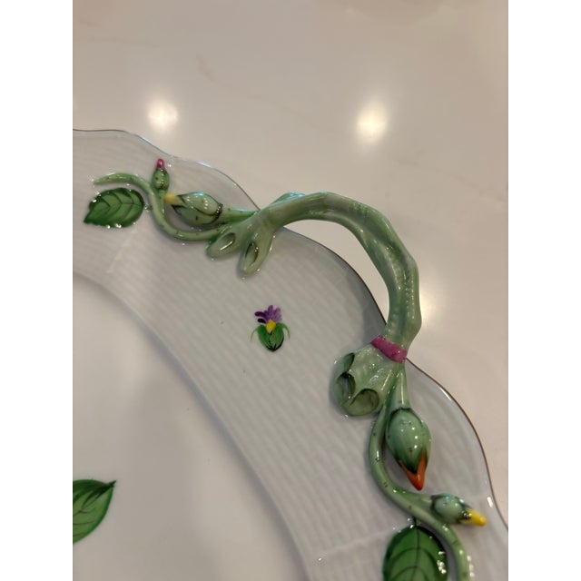 Traditional Her End Hand-Painted Floral Porcelain Square Tray With Applied Leaf Handles For Sale - Image 3 of 7