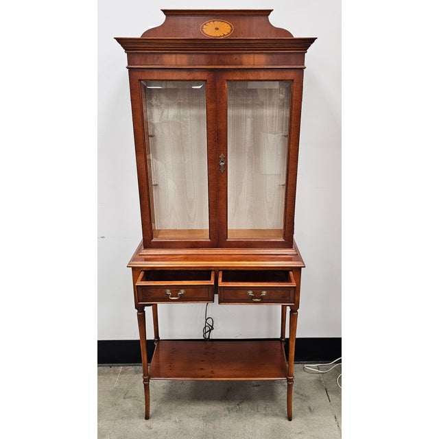Mid 20th Century Mid 20th Century Southampton Edwardian Style Marquetry Inlaid Yew Wood Two-Part Display Cabinet For Sale - Image 5 of 12