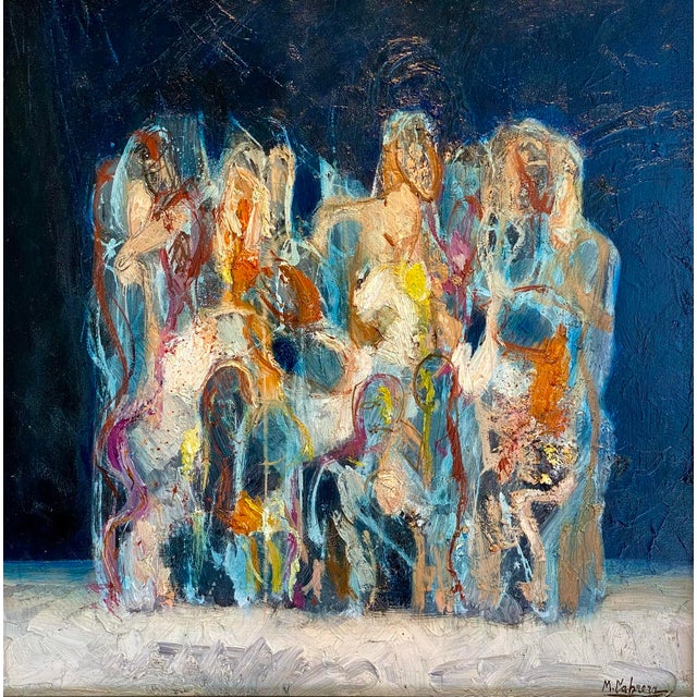 Untitled oil painting by Mario Cabrera from the mid 2000's. Multicolored abstract oil on board with a gold frame.