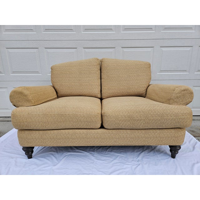 Tan Ethan Allen Tan Rolled Arm Down Filled Loveseat For Sale - Image 8 of 17