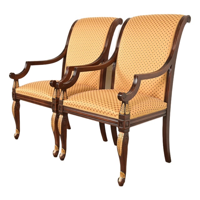 Baker Furniture Style Regency Carved Mahogany and Gold Gilt Armchairs, Pair For Sale