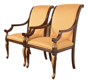 Baker Furniture Style Regency Carved Mahogany and Gold Gilt Armchairs, Pair