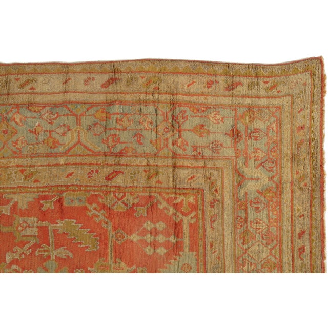 Early 20th Century Early 20th Century Antique Oushak Carpet, Oriental Rug, Handmade Rug Saffron, Light Blue and Coral For Sale - Image 4 of 13