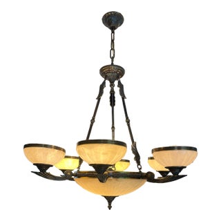 Alabaster and Brass 6 Light Chandelier For Sale