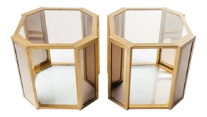Hollywood Regency Brass End Tables With Bronze Glass and Mirrors, C. 1970's - a Pair