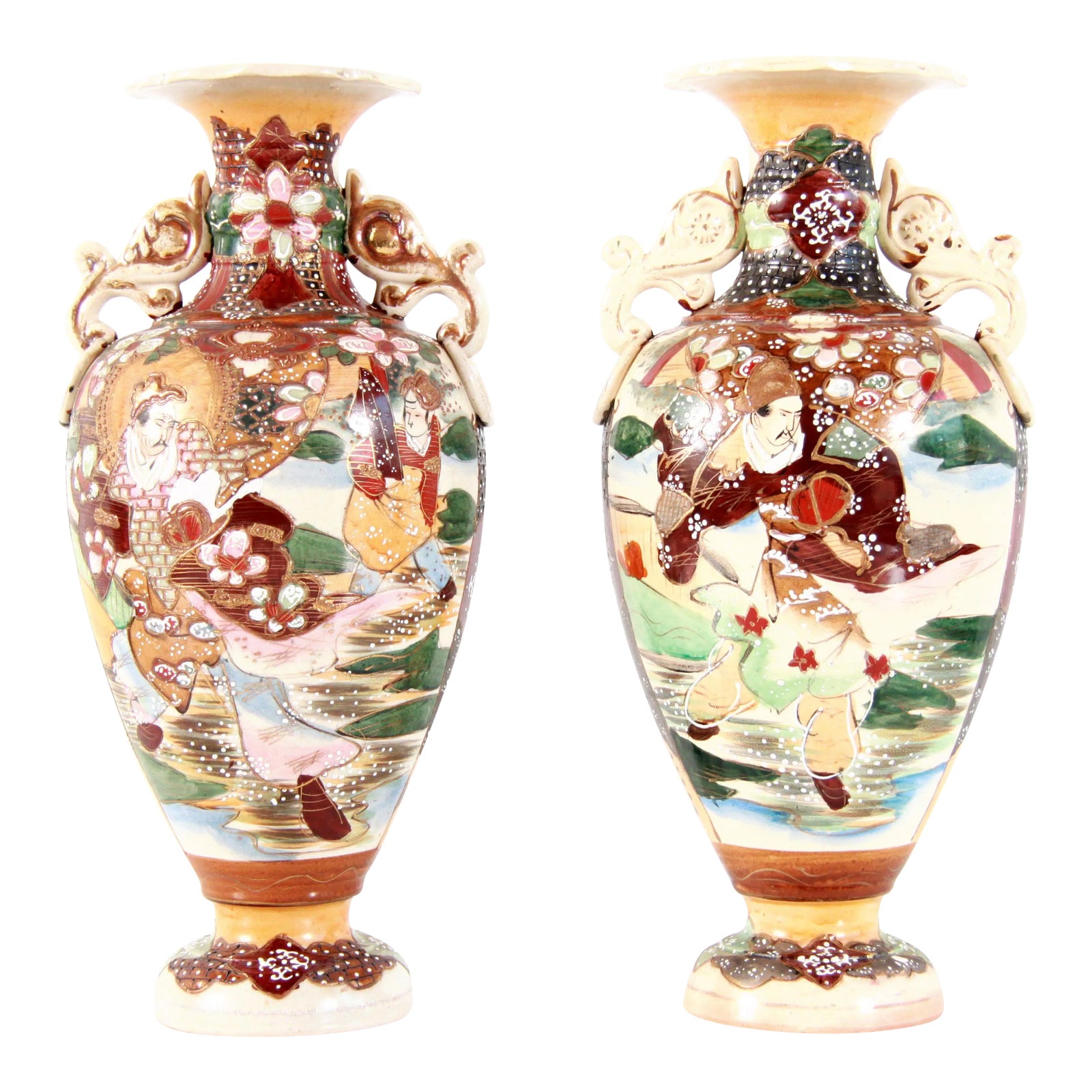 Antique Meiji Era Japanese Satsuma Handled Vases - a Pair