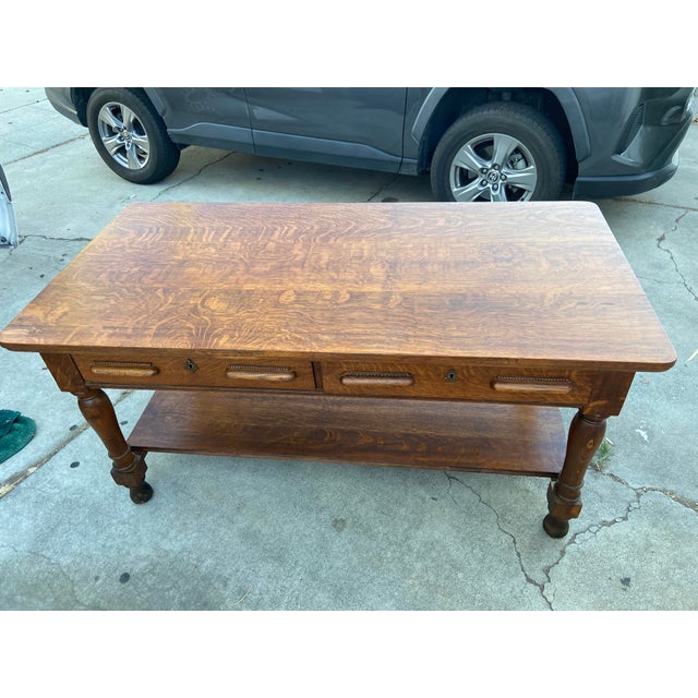 Wood Antique Arts and Crafts Oak Library Desk Writing Table Wirh Shelf Mission Style For Sale - Image 7 of 18