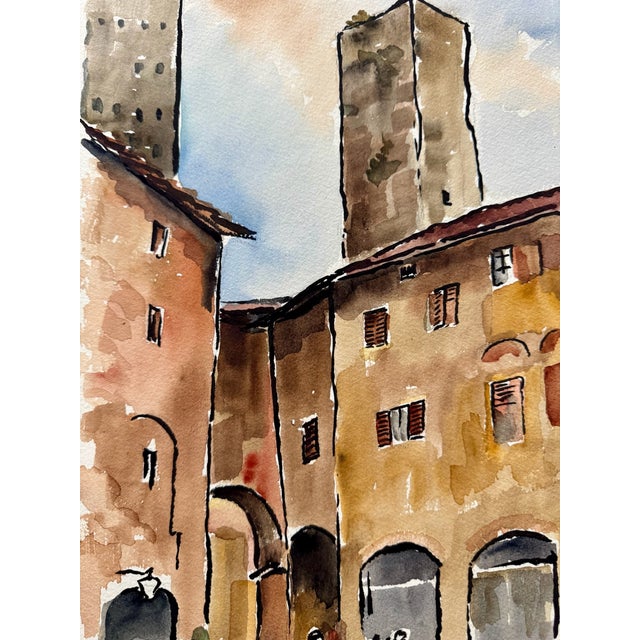 Rustic Henry Emil Salloch Original Watercolor on Paper St. Gimignano, Piazza Della Cisterna, Italy. 1970. For Sale - Image 3 of 7