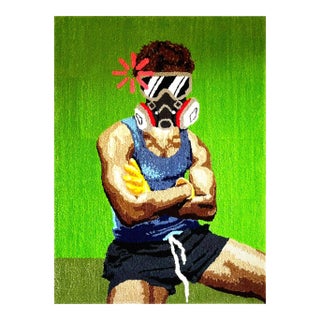Cedric Vu "Do You Smell Fumes?" Tufted Yarn Self Portrait, Gas Mask Figure, Electric Green, Contemporary California Textile Art, Pop Art, 2025 For Sale