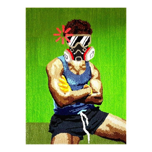Cedric Vu "Do You Smell Fumes?" Tufted Yarn Self Portrait, Gas Mask Figure, Electric Green, Contemporary California Textile Art, Pop Art, 2025 For Sale