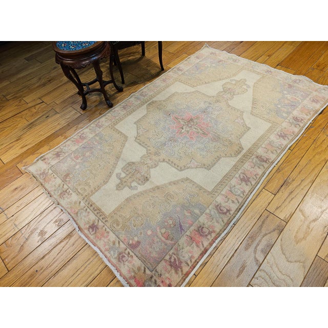 Vintage Turkish Oushak Area Rug, Hand Knotted Wool, Ivory & Pink, 5' x 7' For Sale - Image 9 of 17