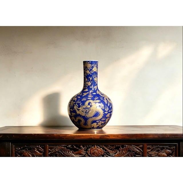 Art Deco Chinese Ceramic Vase,Kangxi Marked Blue Ground Gold Drawing Porcelain Tianqiu Vase Hand Painted Dragon Pattern For Sale - Image 3 of 13