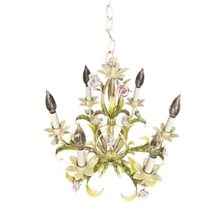 Vintage Tole Six-Arm Chandelier With Roses & Leaves For Sale