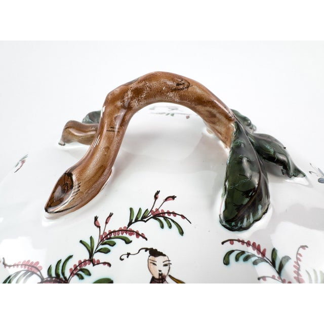 Moustier Vintage French Lallier Moustiers Faience Lidded Bowl With Branch Handles For Sale - Image 4 of 17