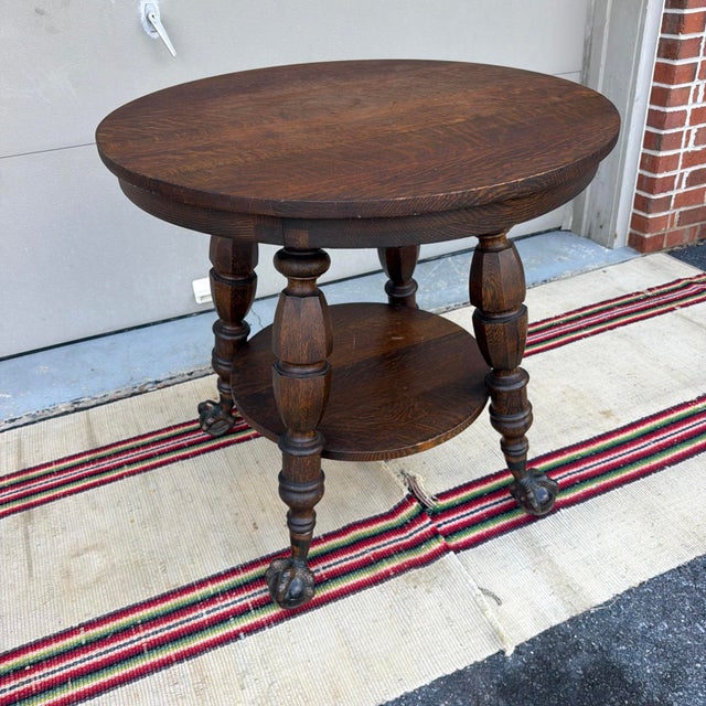 Antique Quartersawn Oak Round Tabouret Table With Glass Ball & Claw Feet For Sale - Image 17 of 18