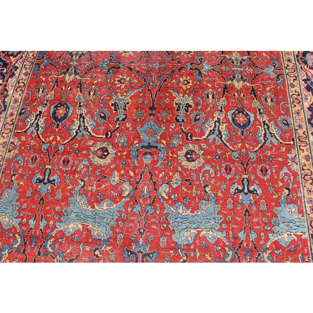 Antique Tabriz Rug With All Over Design in Rust Red, Blue's, Yellow, and L. Blue 9'7 X 13'3 For Sale - Image 4 of 12
