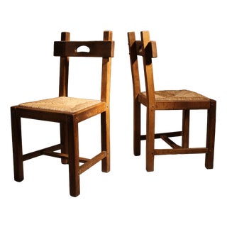 Brutalist Oak & Rush Chairs, Europe, 1960s For Sale