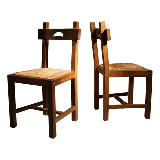 Brutalist Oak & Rush Chairs, Europe, 1960s For Sale