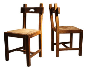 Brutalist Oak & Rush Chairs, Europe, 1960s