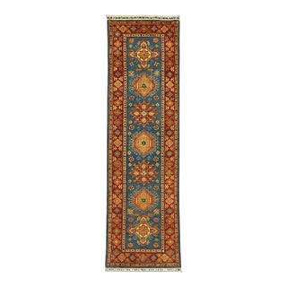 Blue and Rust Red Kazak Wool Runner Rug, Tribal Hallway Rug, 2'9" X 9'9" For Sale