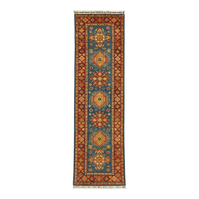 Blue and Rust Red Kazak Wool Runner Rug, Tribal Hallway Rug, 2'9" X 9'9" For Sale